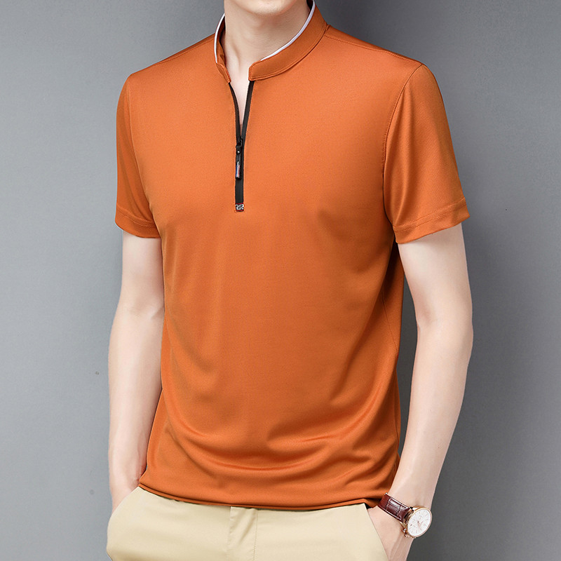 Camiseta masculina de manga curta de seda gelo gola alta verão novo estilo masculino topo fino Casual tecido liso t @-