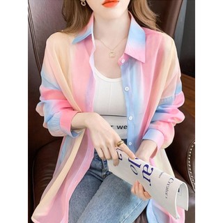 Protetor solar roupas femininas verão 2025 novo estilo fino estilo de manga comprida camisa arco-íris moda exterior esti