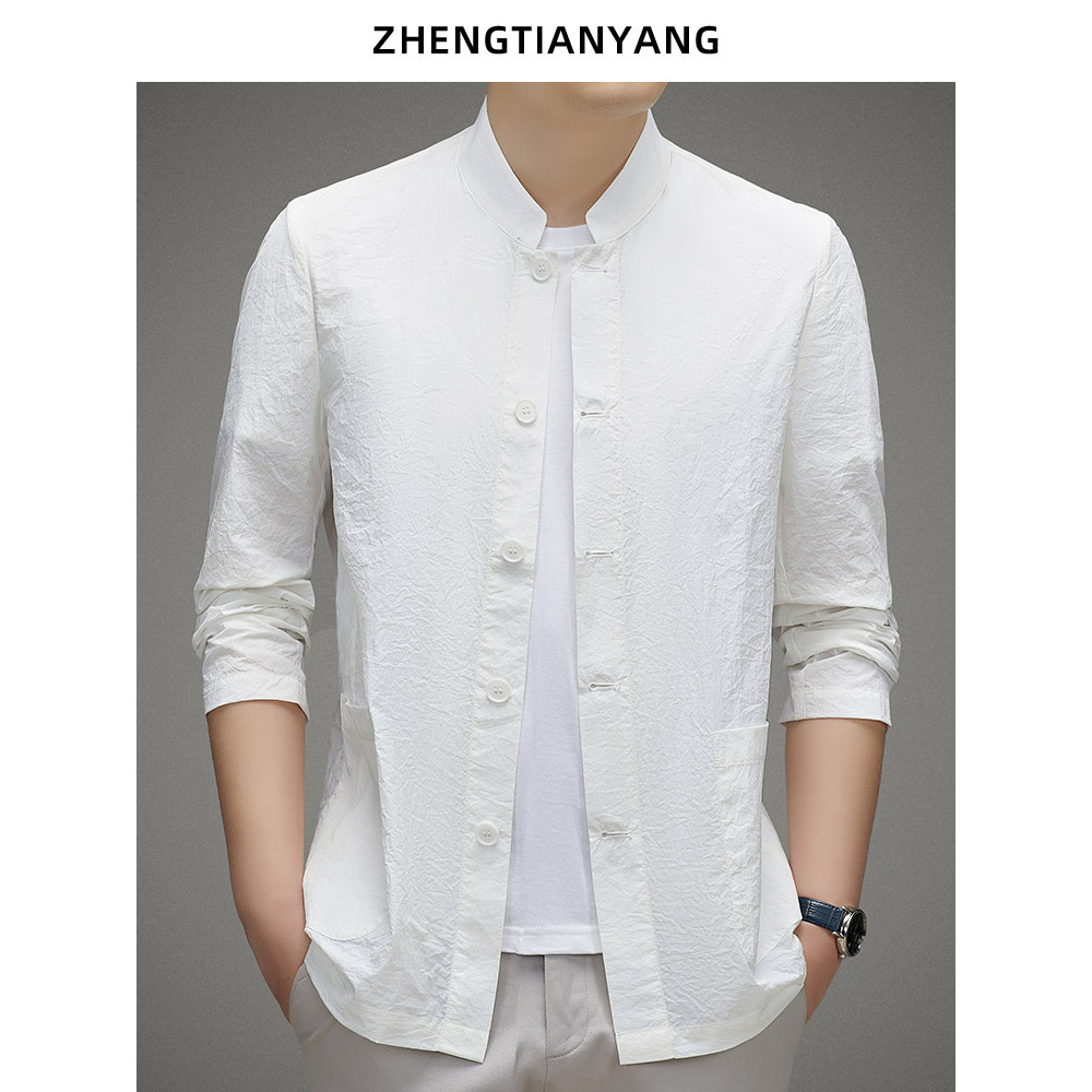 Roupas de proteção solar masculinas estilo chinês roupas casuais de proteção solar verão gola de seda gelada roupas leve