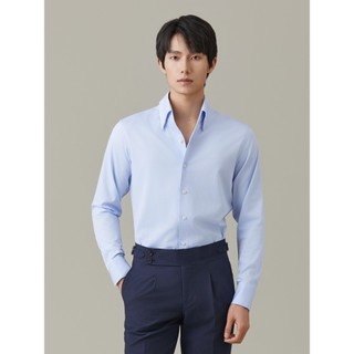 [Colar de uma peça estilo italiano] Camisa masculina de manga comprida Giyomon de três prevenção, não ferro, azul, negóc