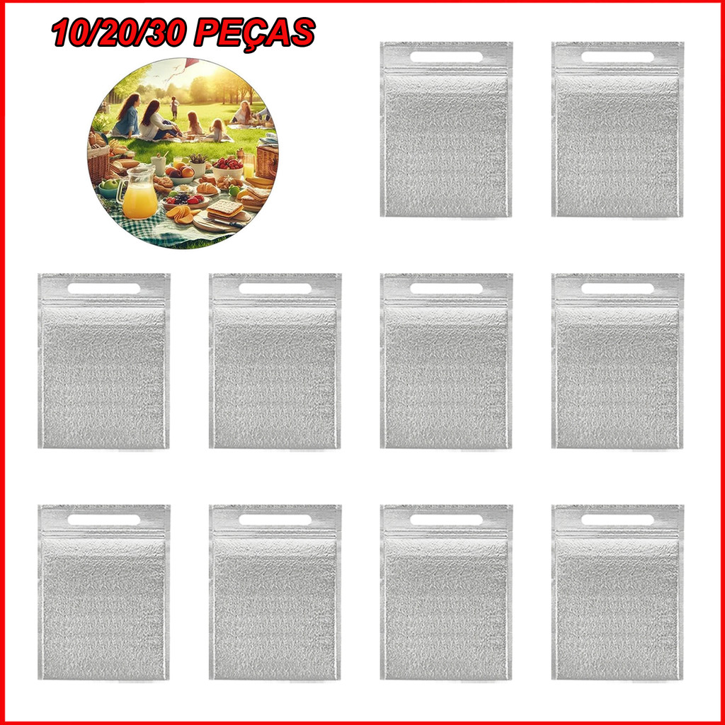 Saco Isolante Térmico 10/20/30 Unid, de Alumínio com Zíper e Alça para Comidas e Bebidas