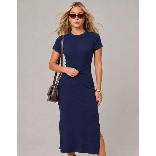 Vestido Feminino Midi Canelado Manga Curta Malha Premium Justo Fenda Lateral Elegante Casual Confortável Modela Trabalho