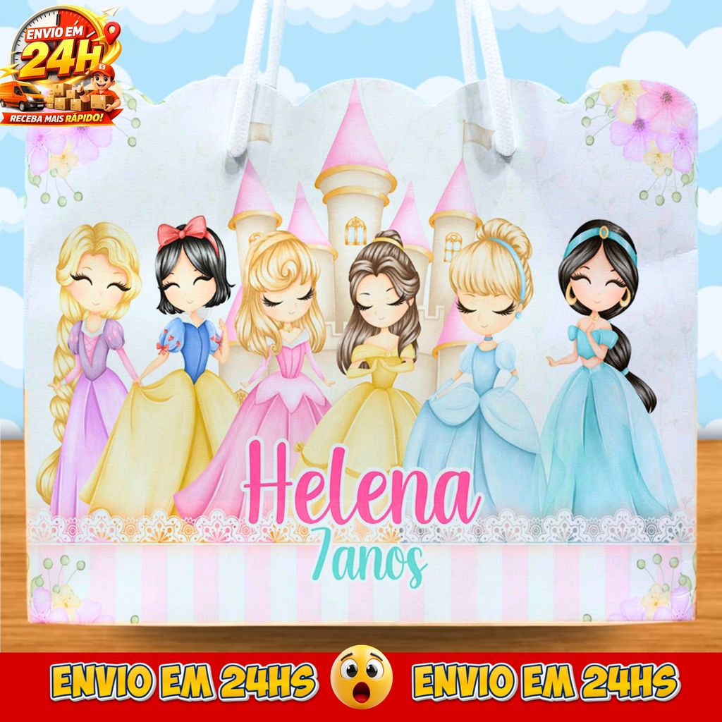 Sacolinhas Princesas Cute Personalizadas - Lembrancinhas Princesas aquarela com Nome e Idade