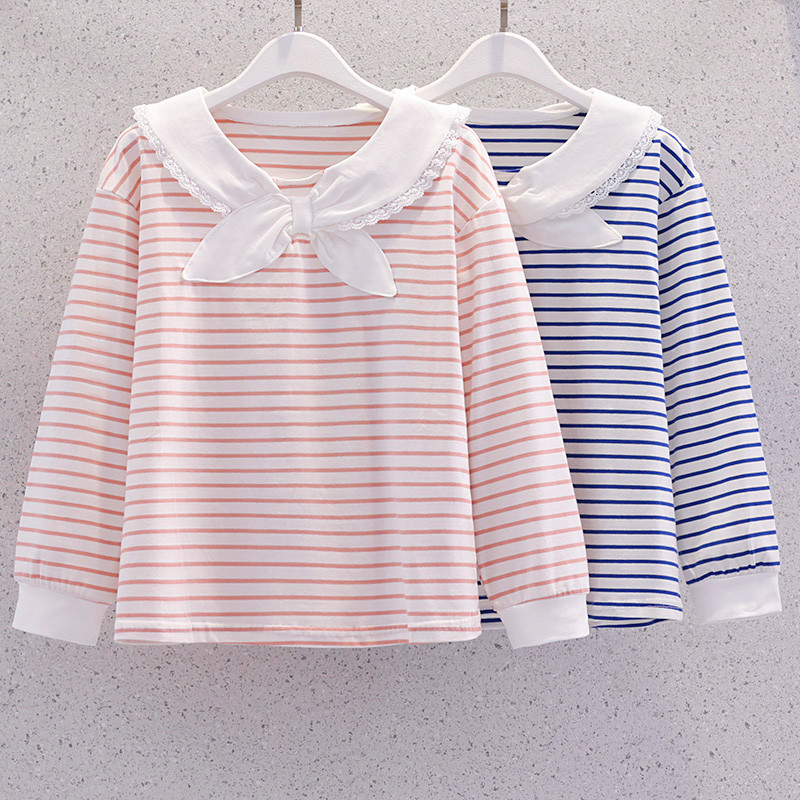 Meninas camiseta de manga comprida puro algodão primavera outono roupas crianças marinho estilo Preppy listrado topo mod