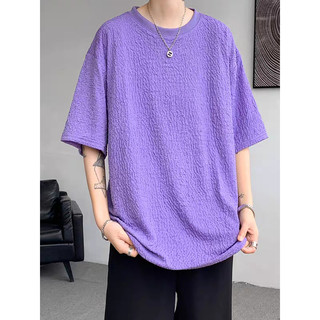 2025 Casual solto cor violeta textura plissada almofadas de ombro camiseta masculina de manga curta primavera outono See