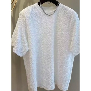 Verão Seersucker High-End texturizado colete em torno do pescoço masculino de manga curta camiseta fina magro-ajuste top