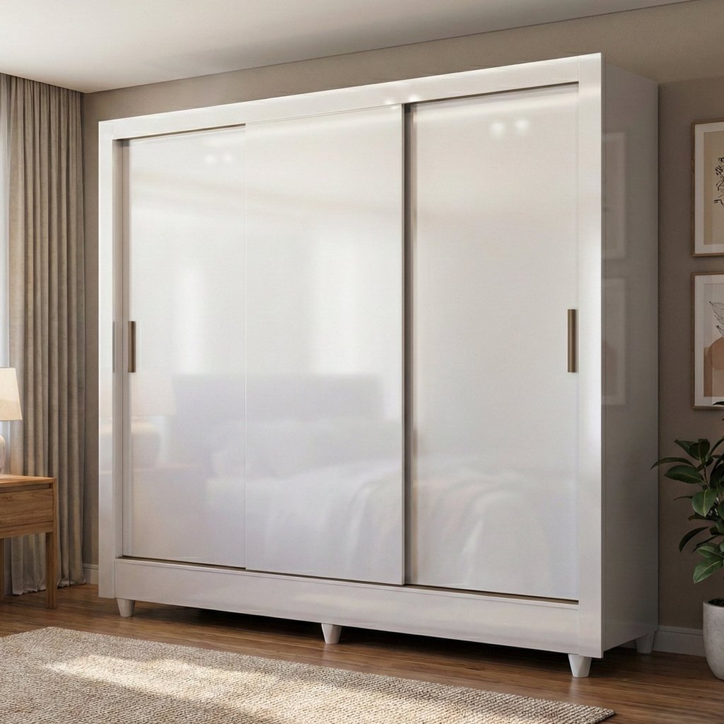 Guarda Roupa Solteiro 3 Portas de Correr e 2 Gavetas Roma Branco 3 Portas
