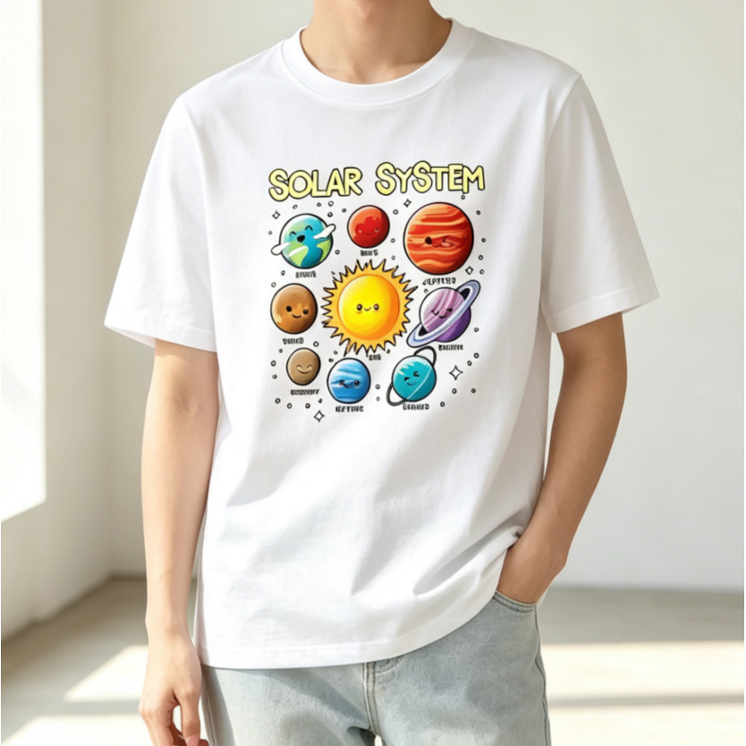 Camiseta Feminina 100% Algodão Solta Estampa Planetas Coloridos Divertidos Confortável Camiseta Casual De Verão