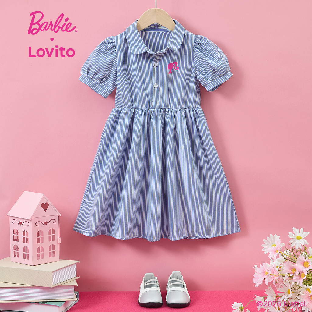 BarbieTM X Lovito Kids Elegante Vestido Azul Primavera/verão para Menina com Botões Fofos LB1AD006