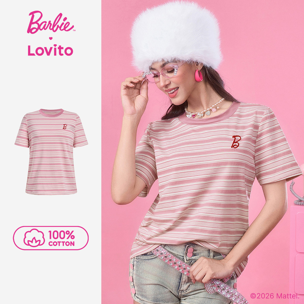 Barbie™ X Lovito Casual Camiseta Feminina Camiseta Manga Curta 100% Algodão Rosa
