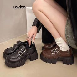 (Lovito x Ana) Casual Vintage Plain Sweet Estilo britânico Outfit Mary Jane para Mulheres LFA58274