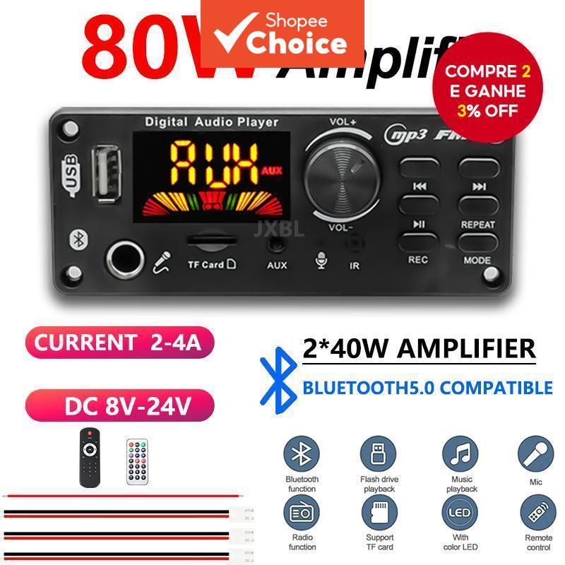  Placa amplificadora Bluetooth com display, 80W 8V-24V de ampla tensão, caixa de plástico para áudio DIY