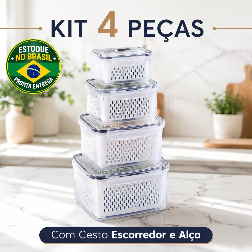 Kit 4 Potes Herméticos Com Escorredor Organizador de Geladeira Freezer Empilhável Porta Mantimentos Verduras Frutas