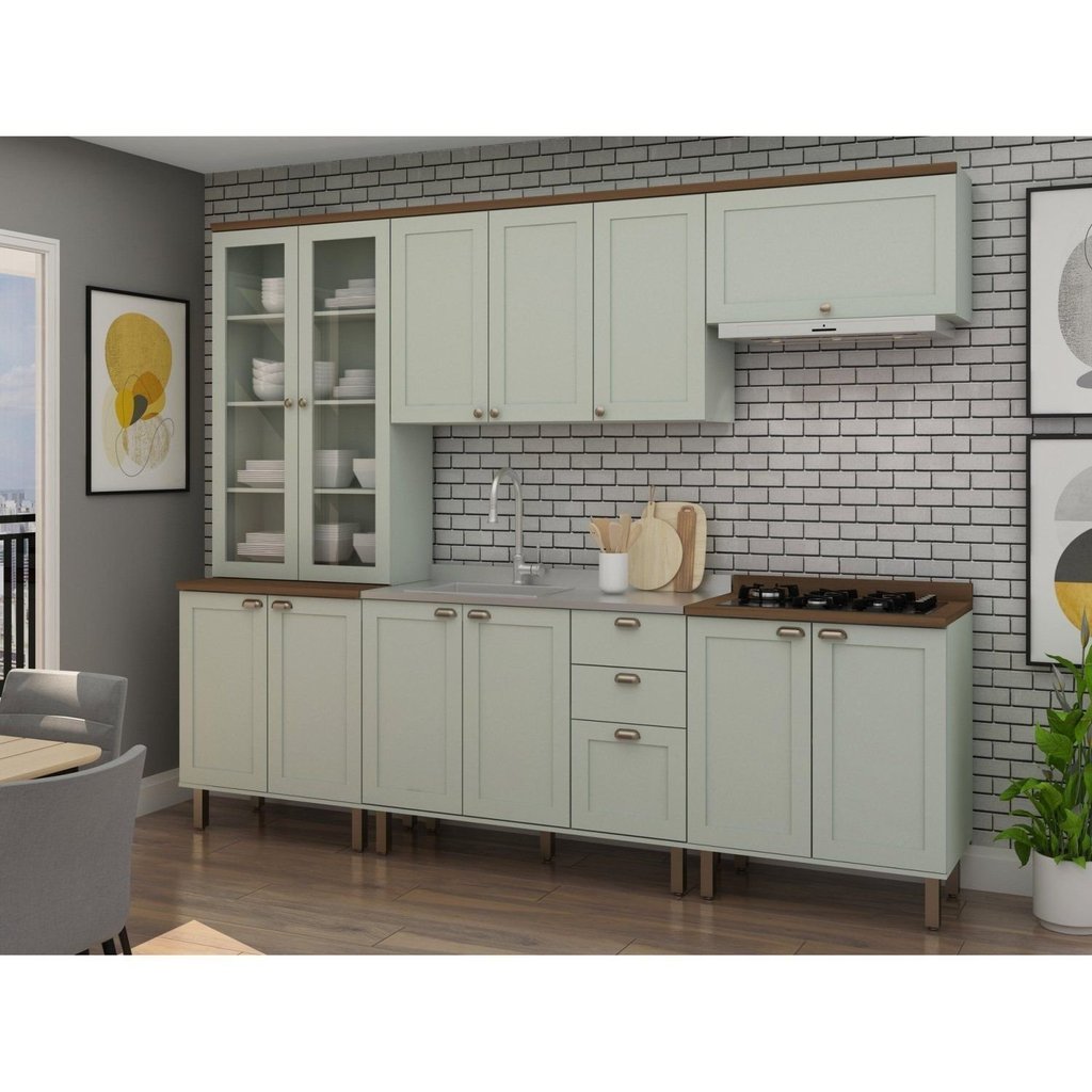 Cozinha Completa Modulada com Cristaleira e Balcão para Cooktop 100% MDF Iluminata Verde/Mint/Ébano Verde Mint/Ébano