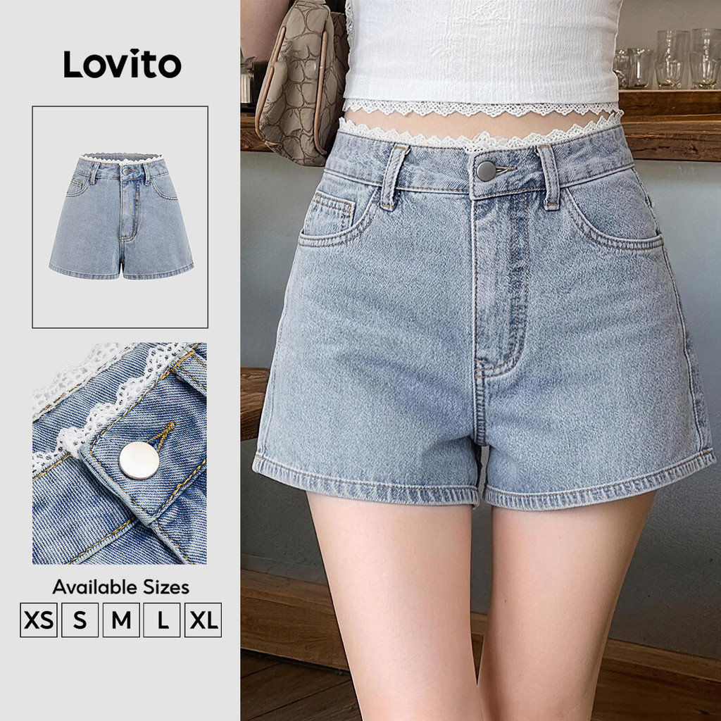 Lovito Casual Shorts de Ganga Azul Diário Férias Viagens Feminino Zíper de Renda