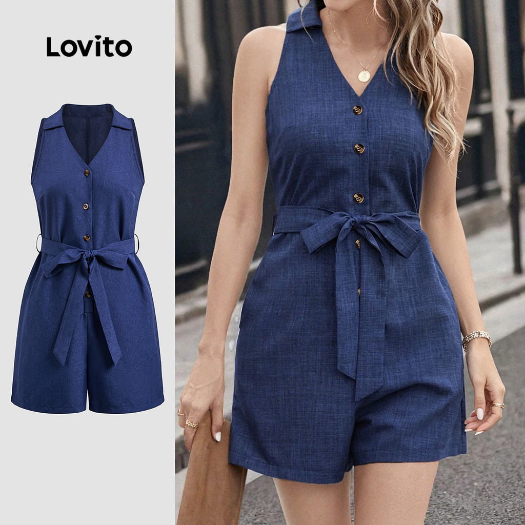 Lovito Macacão Boho Casual Clássico E Versátil Com Botões Azul Primavera/verão Para Mulheres L149ED271