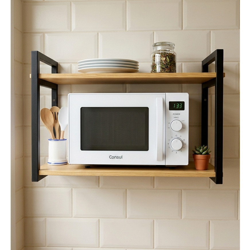 Prateleira Suspensa 50cm Industrial Suporte Microondas Forno Air Frier Nicho Aço Madeira Pinus
