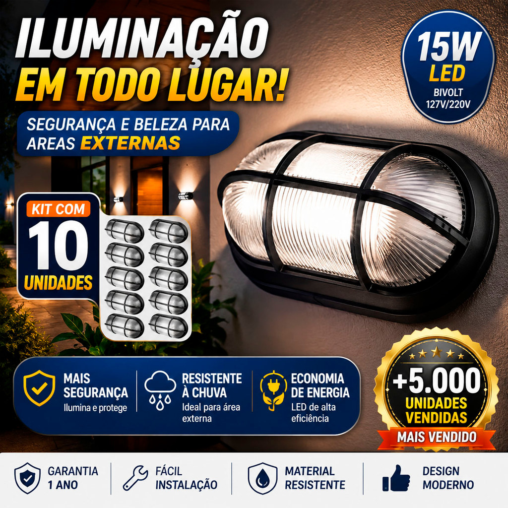 Kit 10 Luminária Arandela Tartaruga Externa Com Grade Branco Preto E27 OPL Muro Fachada Garagem