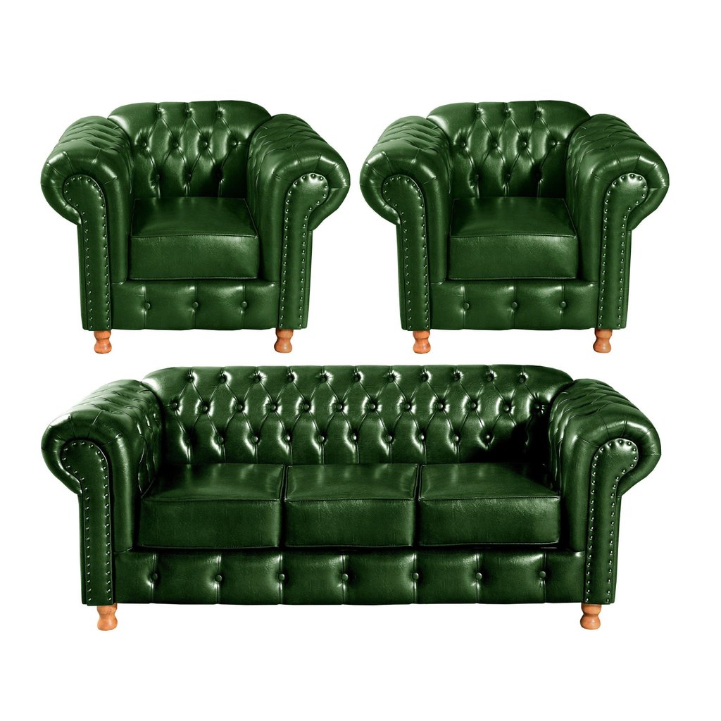 Conjunto de Sofá 3 Lugares e 2 Poltronas Chesterfield Luís Xv Verde Verde