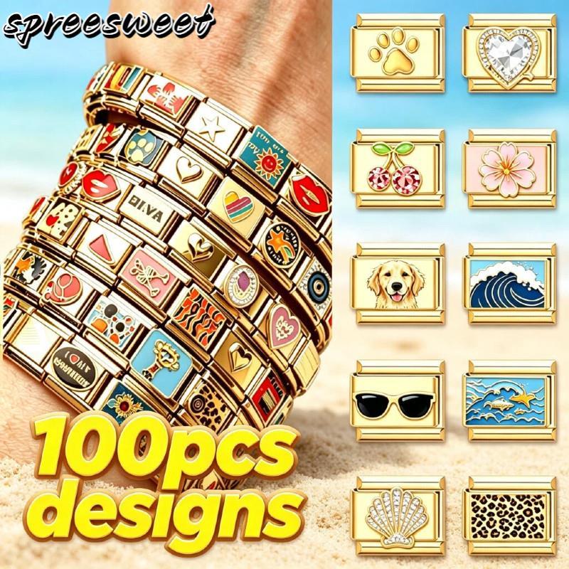 100 Amuletos Vintage Dourados Para Pulseira Modular Italiana , Links , Faça Você Mesmo , De Aço De 9 Mm