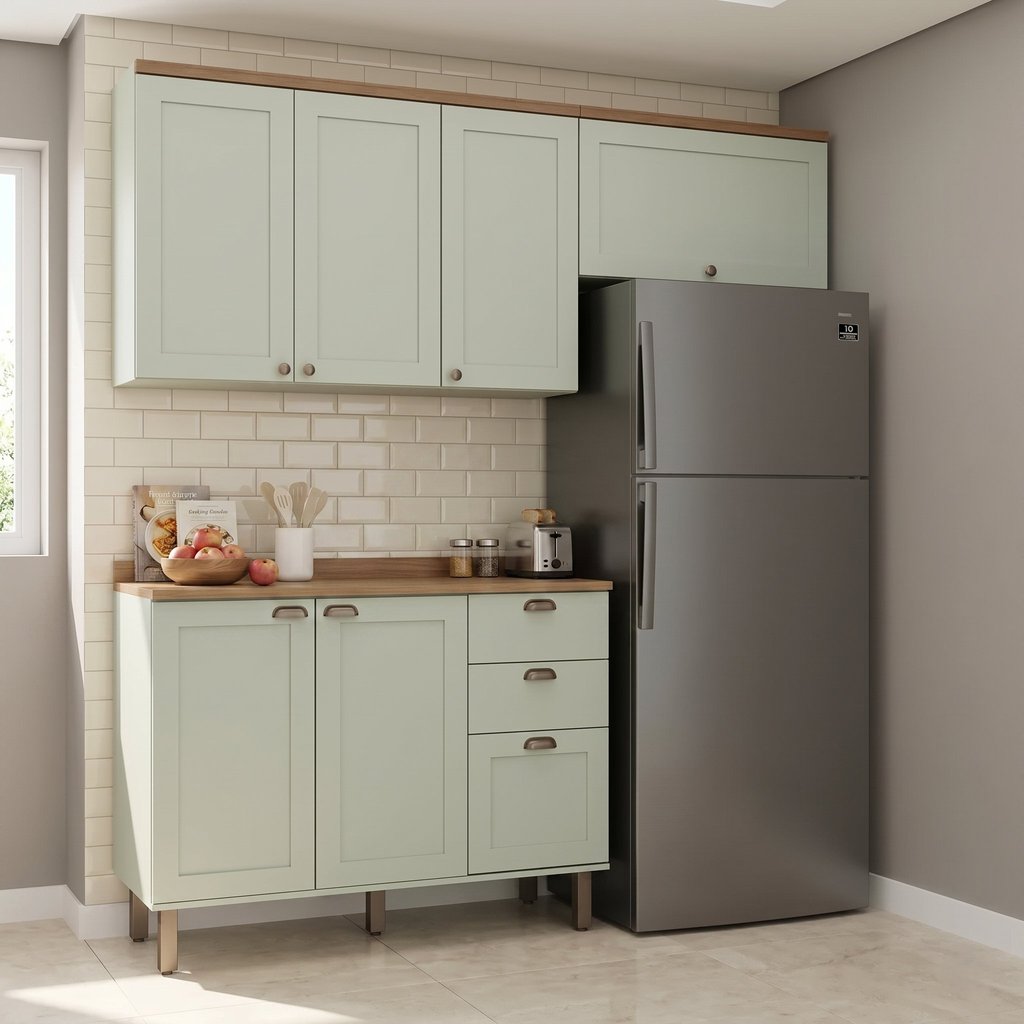 Cozinha Compacta Modulada 3 Peças 100% MDF 2 Armários Aéreos e Balcão com Tampo Iluminata Verde Mint Verde Mint