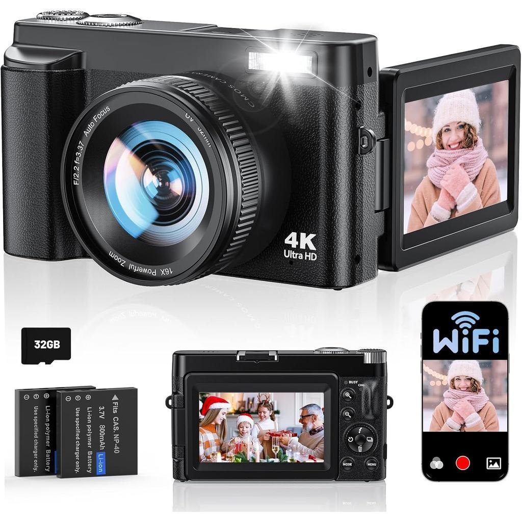 Câmera Digital 4K para Fotografia, Câmera de Vlogging com WiFi e Autofoco de 64MP para YouTube, 180 ° Câmeras de Vídeo