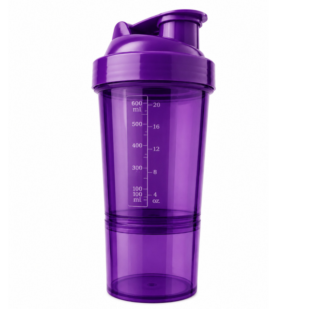 Garrafa Coqueteleira Shaker Academia com 2 compartimentos para Suplementos – 600ml – Roxa - Promo