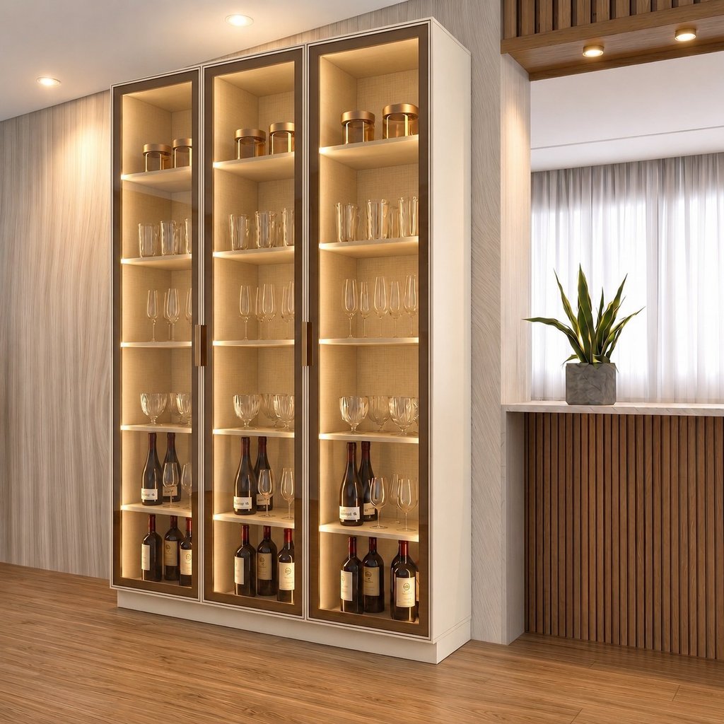 Cristaleira 150cm 3 Portas com LED e Vidro Reflecta Temperado 100% MDF Fineze Bege/Areia HP 150