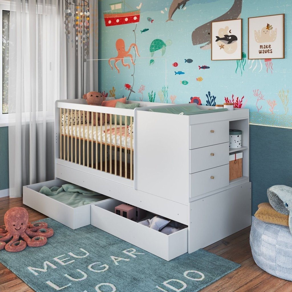 Berço Cama Multifuncional com 2 Gavetões Malu Branco Branco