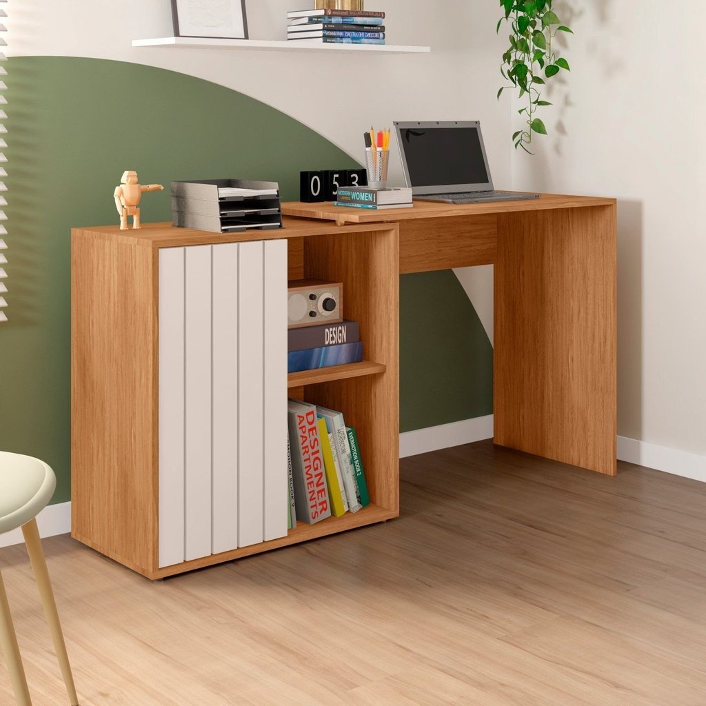 Escrivaninha Mesa Escritório com Start 1 Porta 140cm Freijó e Off White Bege Off White/Freijó
