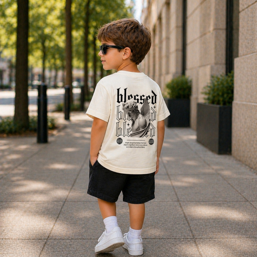 Camiseta Infantil Streetwear Blessed Masculina 100% Algodão Premium Estampada Manga Curta Confortável Casual Menino
