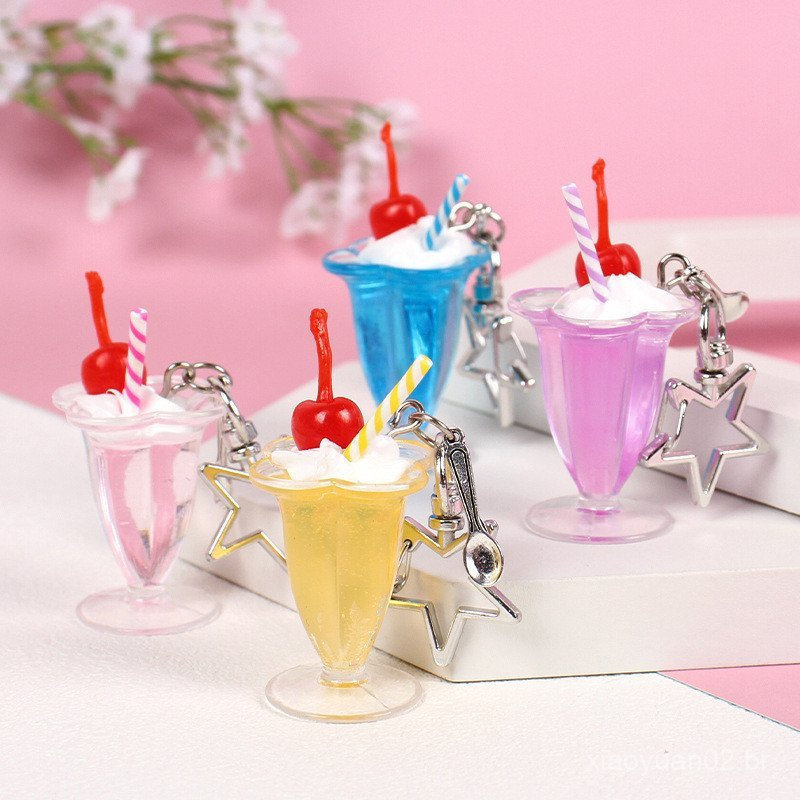 Chaveiro Criativo em Forma de Copo de Sobremesa com Creme Gelado, Copo de Bebida, Pingente de Comida Simulada, Decoração