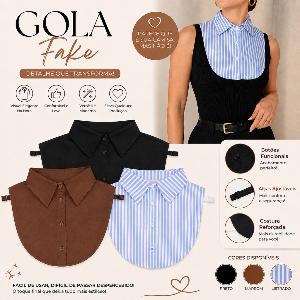 Gola Fake Feminina Gola Falsa Camisa Social Removível Tricoline Algodão viscose Fabricação nacional