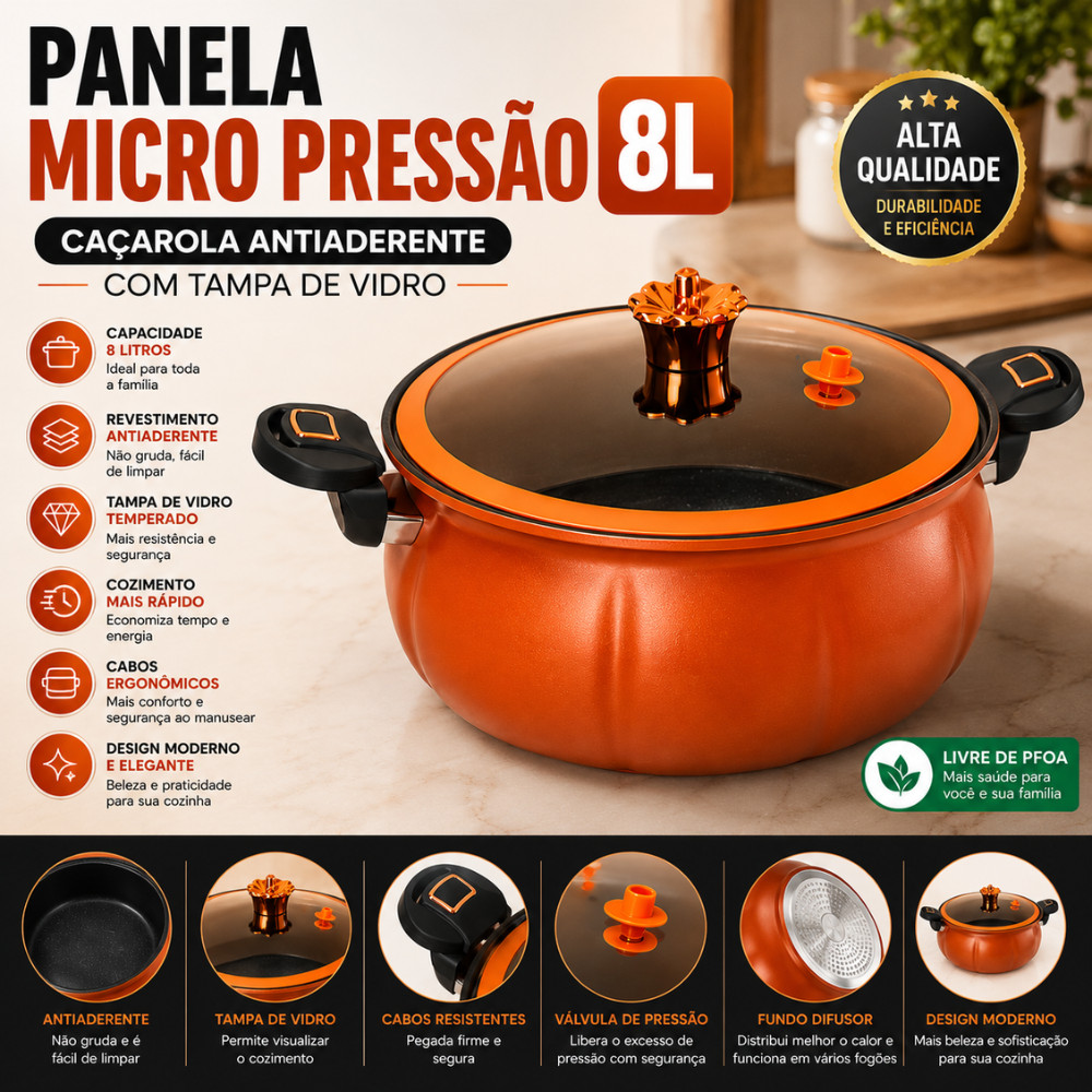 Panela Micro Pressão 8L Caçarola com Tampa de Vidro E Revestimento Antiaderente Livre de PFOA P/ Todos Fogões