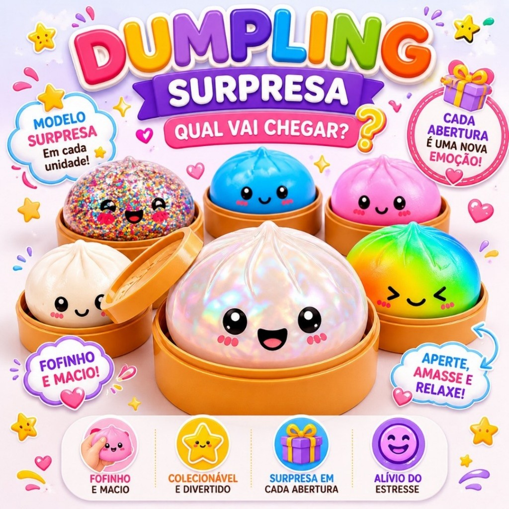 Kit Squishy Dumpling Coleção com Cestinha e Caixa Surpresa