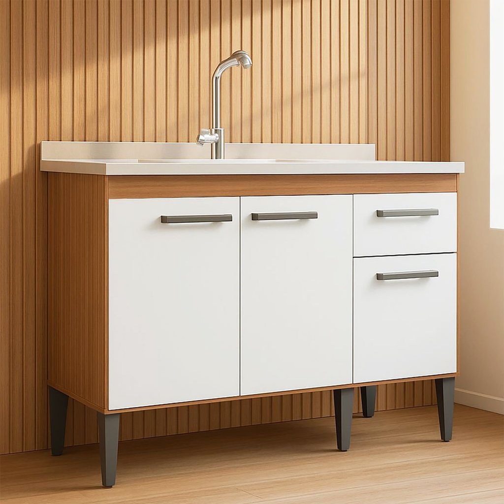 Balcão de Pia 120cm Realeza 3 Portas e 1 Gaveta Branco/Manchester Branco/Madeira