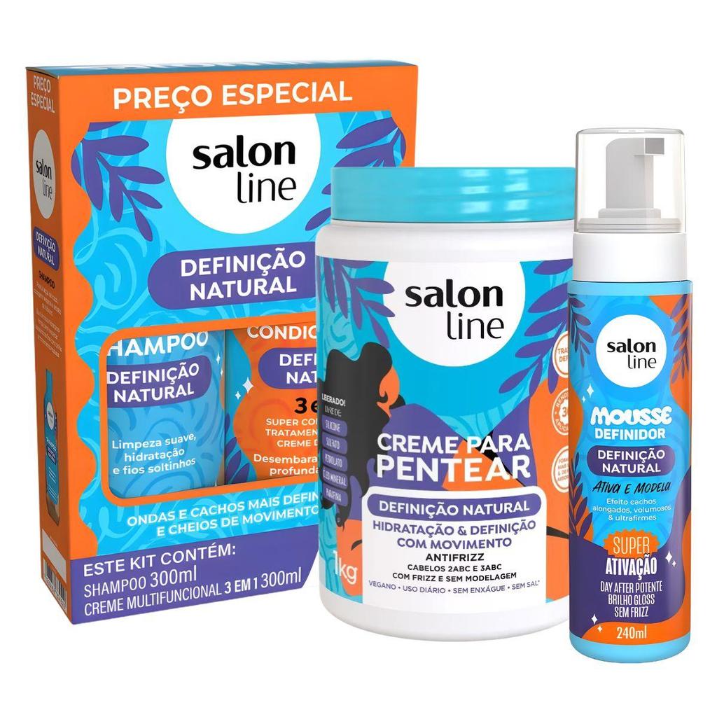 Kit Salon Line Definição Natural: Shampoo, Creme Multifunional 300ml, Para Pentear 1kg e Mousse Definidor 240ml