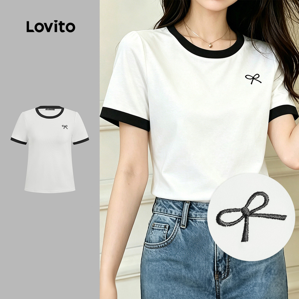 (New Arrival) Lovito Camiseta Casual com Cores Contrastantes e Laço Camiseta de 