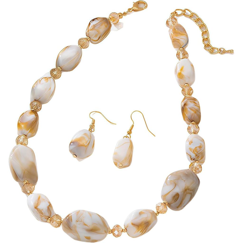 Colares de Pérolas Longos para Mulheres, Colar Boho com Pérolas Grossas, Conjunto de Brincos e Colar de Pedra Natural Ir