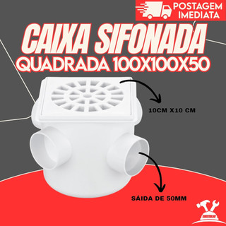 Caixa Sifonada Ralo Grelha Quadrado PVC 100x100x50mm 3 Entradas