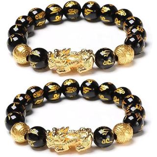 Pulseira FengShui para Homens e Mulheres, Pulseira de Riqueza e Boa Sorte, Pulseiras de Obsidiana Preta com Contas de Bu