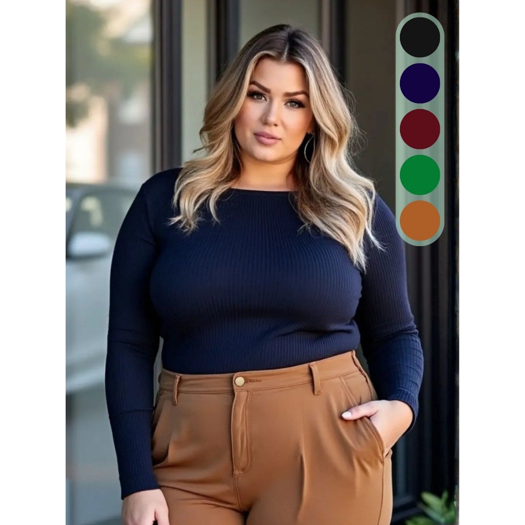 Blusa Feminina Plus Size Canelada Manga Longa Básica Gola Redonda Confortável Moda Outono Inverno