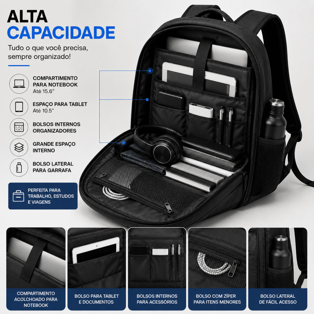 Mochila para Notebook, Resistente e Impermeável com Alça Reforçada, Trabalho e Dia a Dia, Qualidade Máxima
