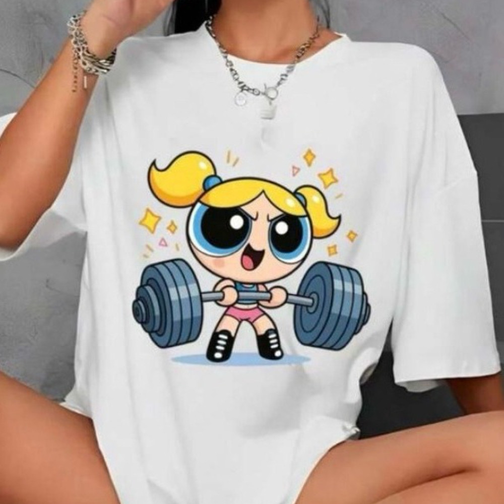 Blusa Manga Curta Oversized  Feminina 100% Algodão Padrão de levantamento de peso das Meninas Superpoderosas