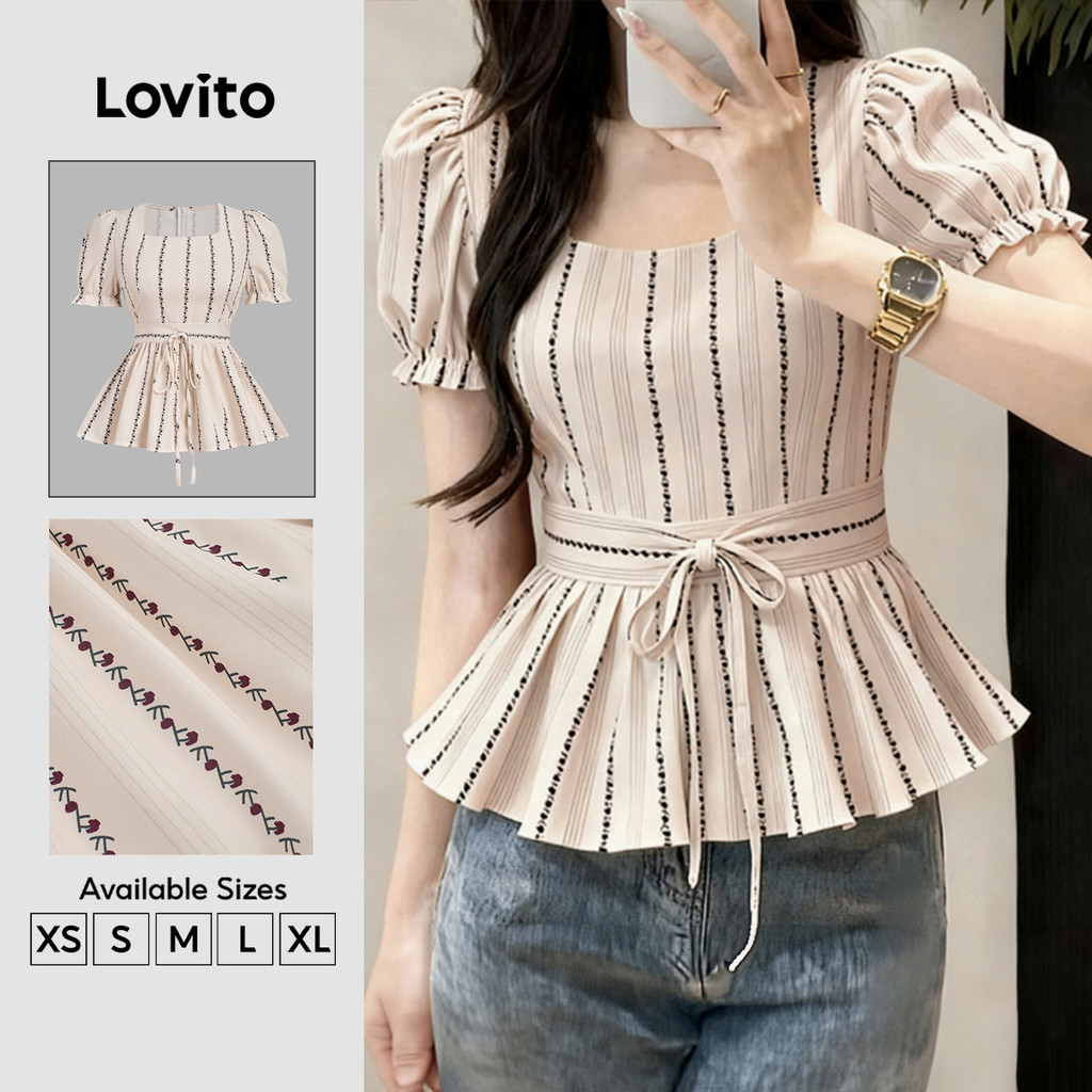 Lovito Casual Blusa com Amarração e Babados Na Barra Linha Estruturada Primavera/verão para Mulheres Bordado L178ED2127