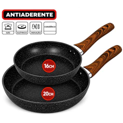 2/1 Frigideiras 16 e 20cm Granito, Indução Antiaderente de Alumínio Revestimento Cerâmico Premium Cabo Madeira