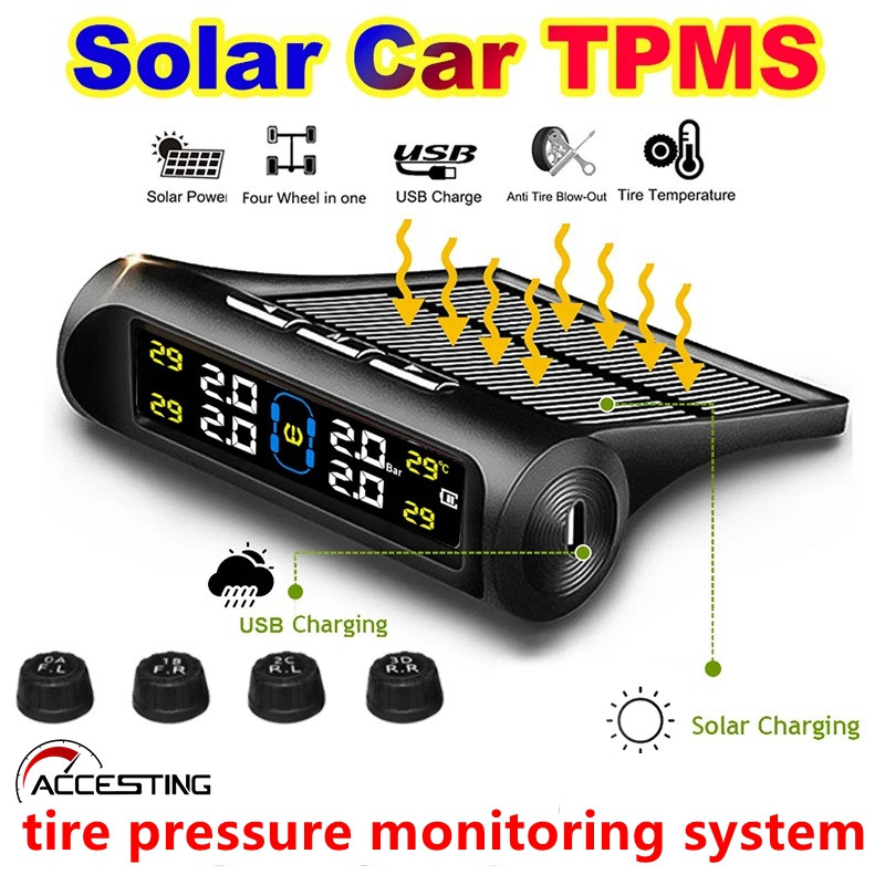 Sistema de Monitoramento de Pressão de Pneus Sem Fio TPMS, Alarme de Pressão de Pneus Solar para Carro, Display LCD, Avi