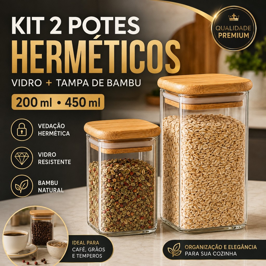 Kit 02 Potes Porta Condimentos De Vidro Hermético Com Tampa De Bambu Para Temperos Mantimentos