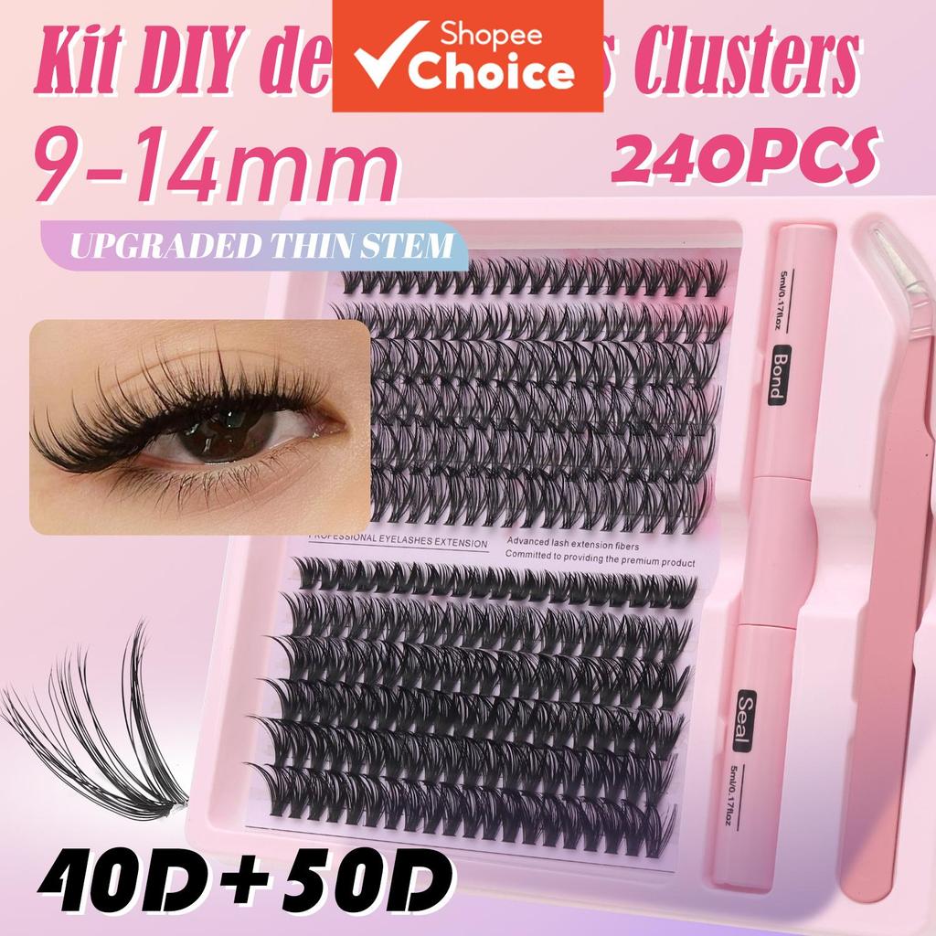 Kit de Cílios Postiços DIY em D, 40D e 50D para Iniciantes, Cacho Natural 9-14mm, 240 Peças, Curvatura D, com Cola,