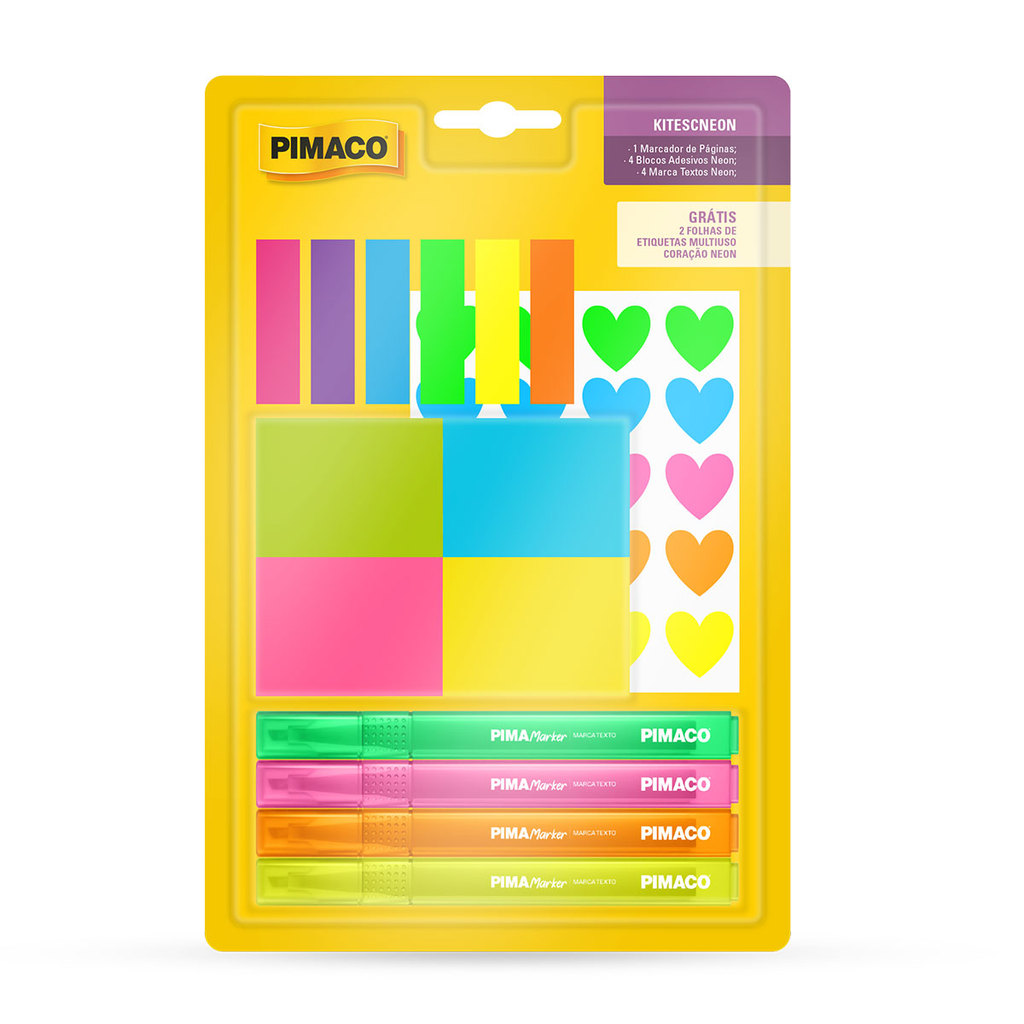 Kit Escolar Neon Pimaco Bloco Adesivo + Marca-Páginas + Marca-Texto + Etiquetas